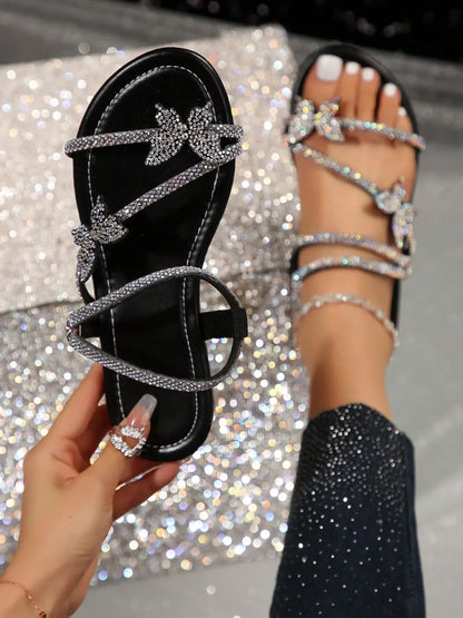 Women's Rhinestone Butterfly Multi-Strap Flat Sandals