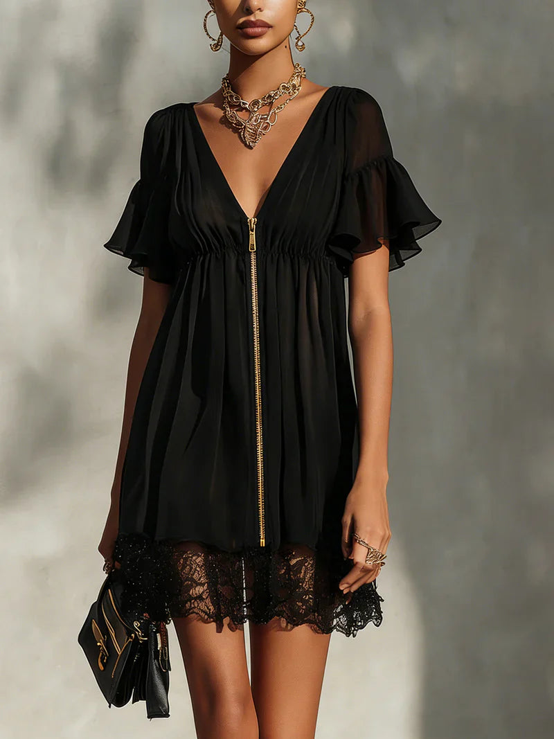 Women's Lace Hem Zip Front Mini Dress