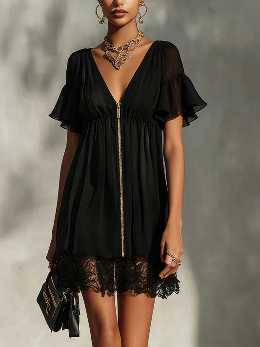 Women's Lace Hem Zip Front Mini Dress