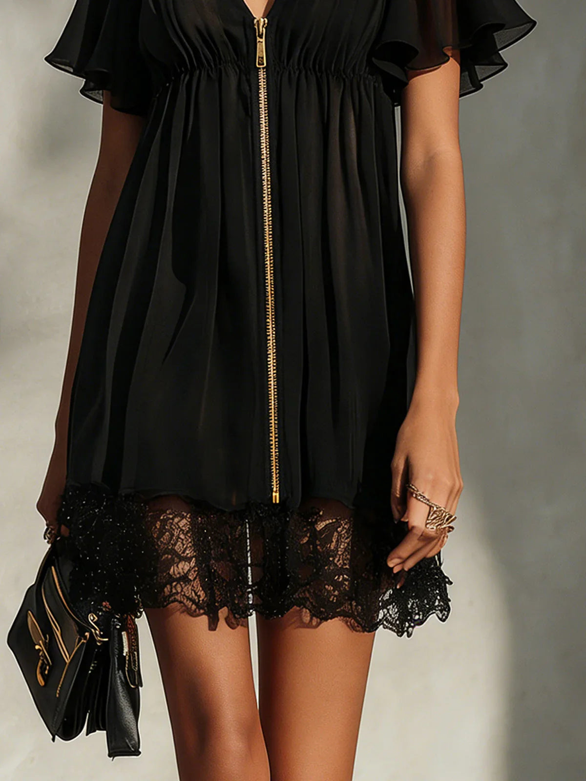 Women's Lace Hem Zip Front Mini Dress