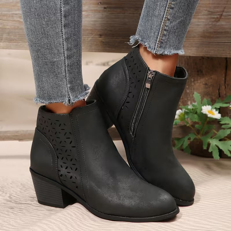 Women's Perforated Ankle Boots with Chunky Heel