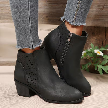Women's Perforated Ankle Boots with Chunky Heel