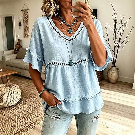 Women's V-Neck Ruffle Sleeve Tunic Blouse