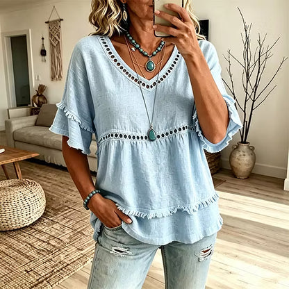 Women's V-Neck Ruffle Sleeve Tunic Blouse
