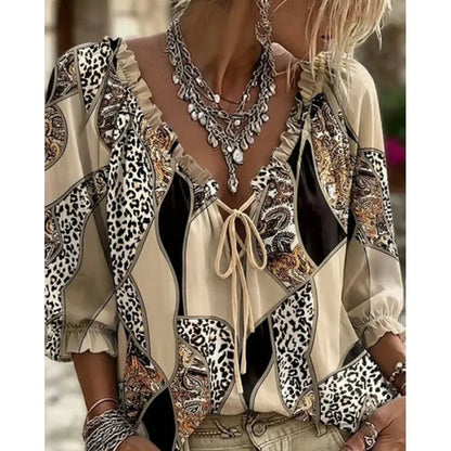 Women’s Leopard Lace-Up Puff Sleeve Blouse