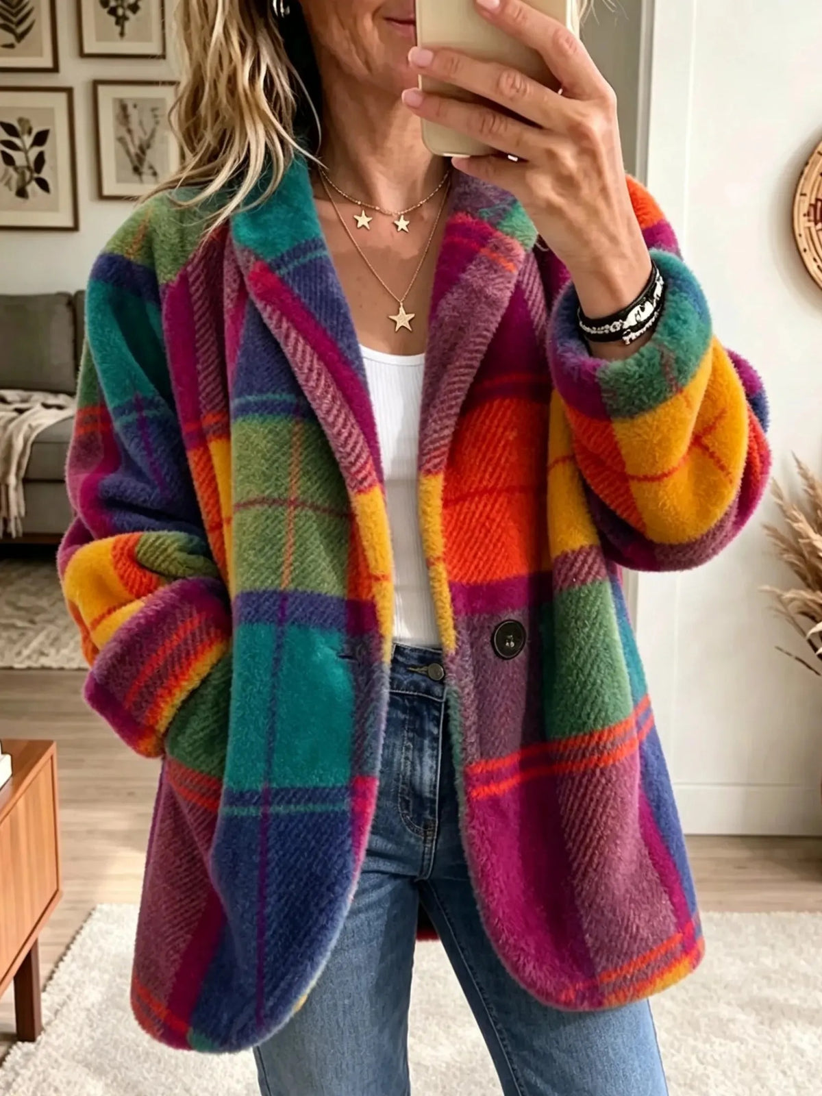 Women's Mixed-Color Plaid Lapel Coat