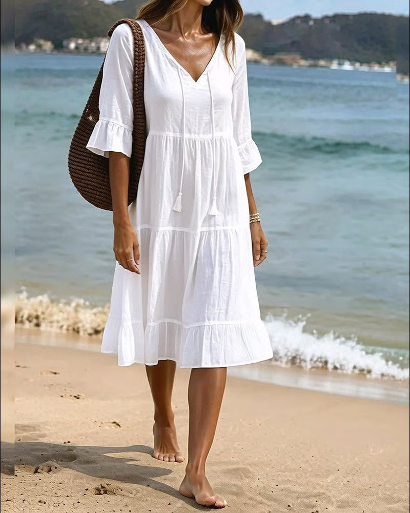 Women's Half Sleeve Tiered V-Neck Dress