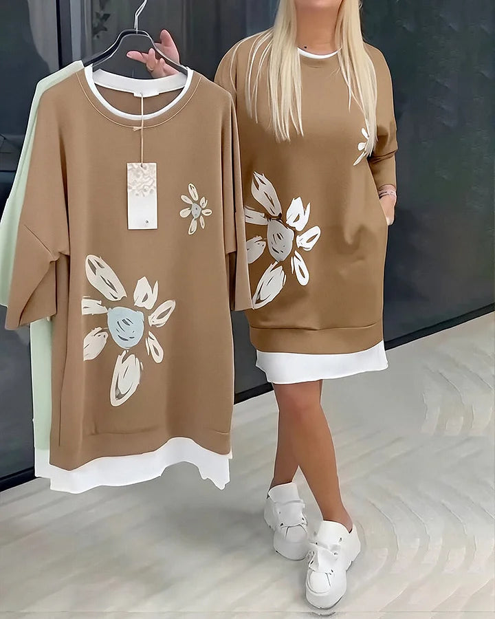 Women’s Casual Floral Print Patchwork Sweatshirt Dress