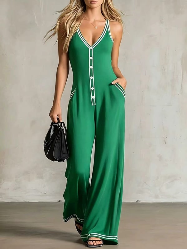 Women's Contrast-Trim Button-Front Jumpsuit