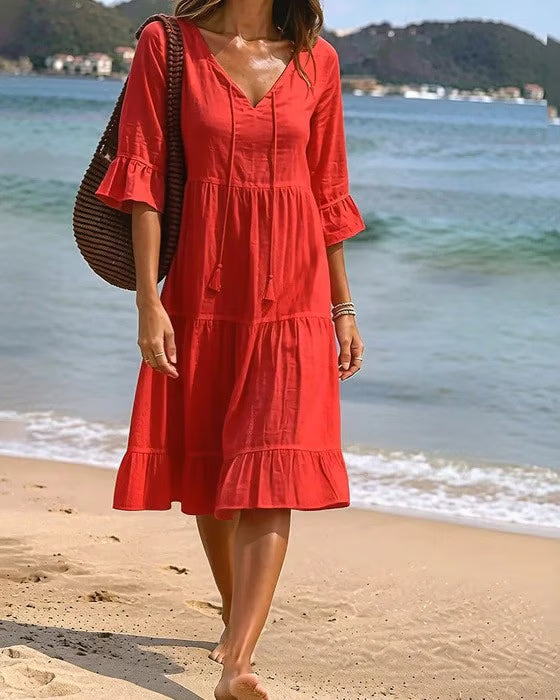 Women's Half Sleeve Tiered V-Neck Dress