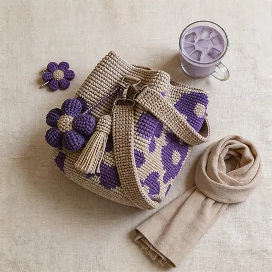 Crochet-Style Floral Bucket Shoulder Bag
