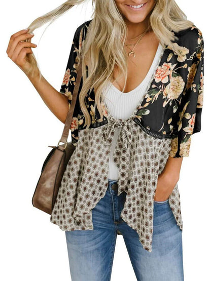Women's Floral Patchwork Tie-Front Boho Cardigan