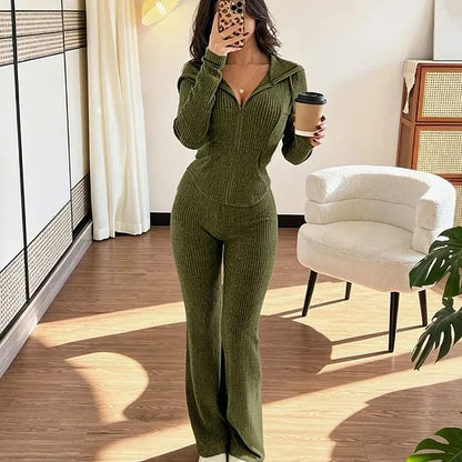 Women's Hooded Zip-Up Top and Flared Pants Set