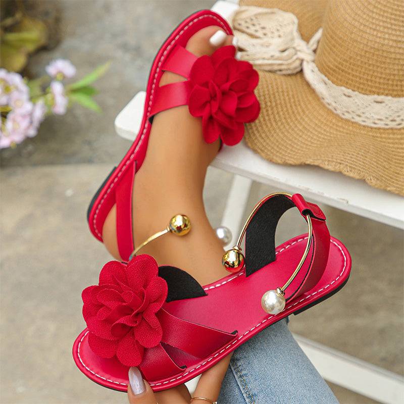 Women's Floral Flat Sandals with Decorative Ankle Accent