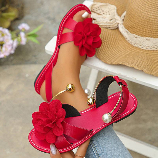 Women's Floral Flat Sandals with Decorative Ankle Accent