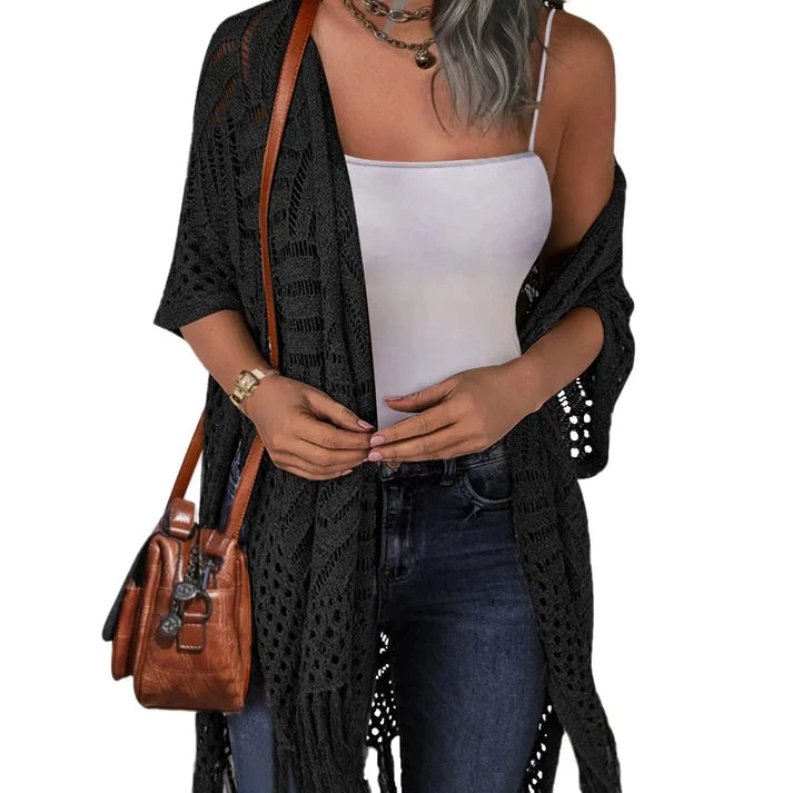 Women's Oversized Crochet Knit Tassel Cardigan
