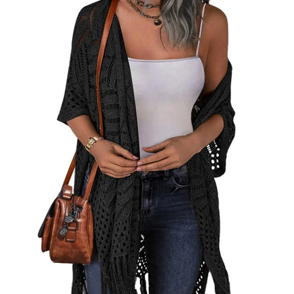 Women's Oversized Crochet Knit Tassel Cardigan