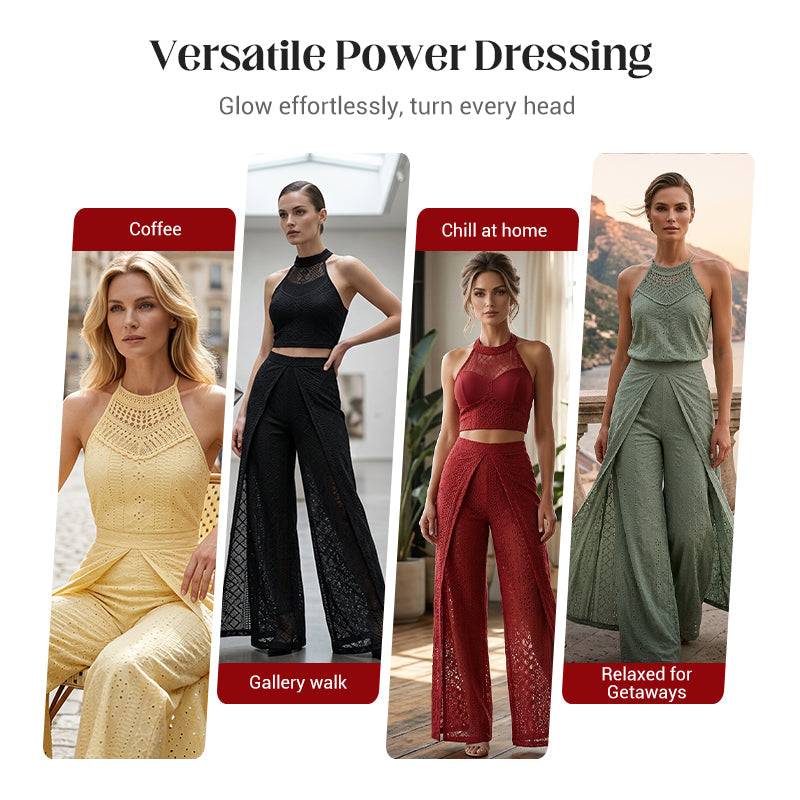 Women's Lace Halter Top & Split Wide-Leg Pants Set