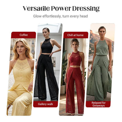 Women's Lace Halter Top & Split Wide-Leg Pants Set