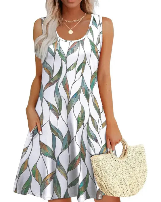 Women's Sleeveless Leaf Print Swing Dress