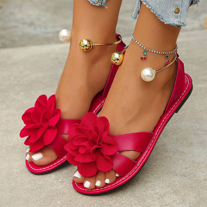 Women's Floral Flat Sandals with Decorative Ankle Accent