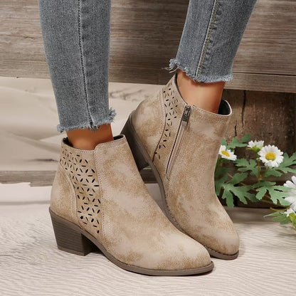 Women's Perforated Ankle Boots with Chunky Heel