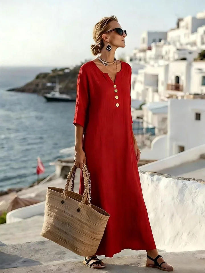 Women’s Relaxed V-Neck Button Detail Maxi Dress