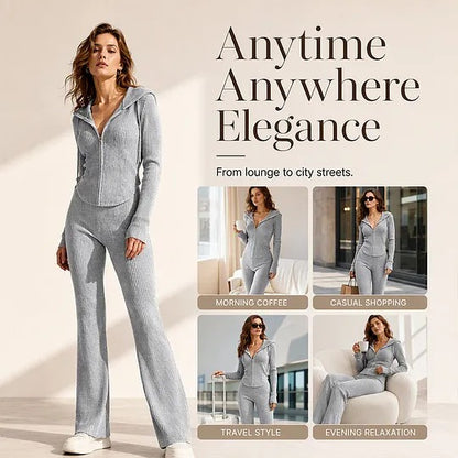 Women's Hooded Zip-Up Top and Flared Pants Set
