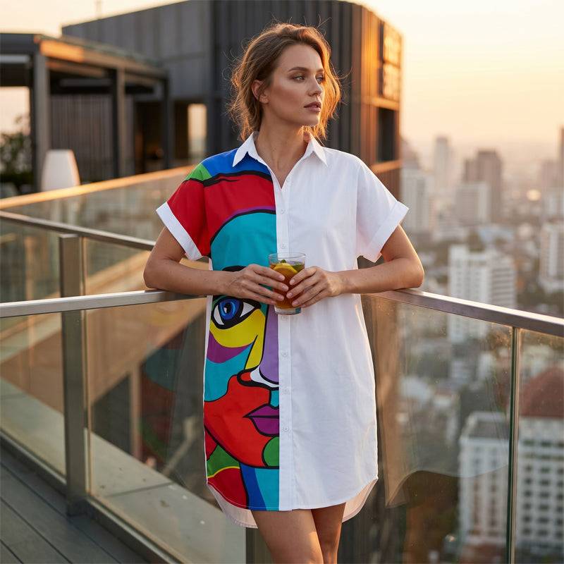 Women's Artistic Portrait Print Shirt Dress