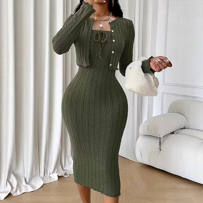 Women's Ribbed Knit Dress with Button-Front Cardigan