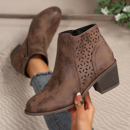 Women's Perforated Ankle Boots with Chunky Heel