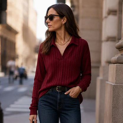 Women's Ribbed Collared V-Neck Sweater