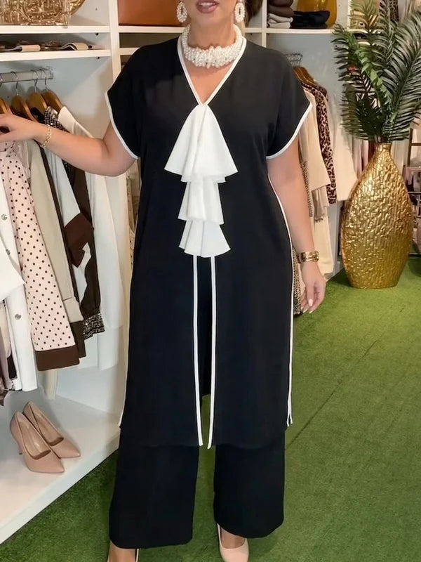 Women’s Contrast-Trim Tunic and Wide-Leg Pants Set