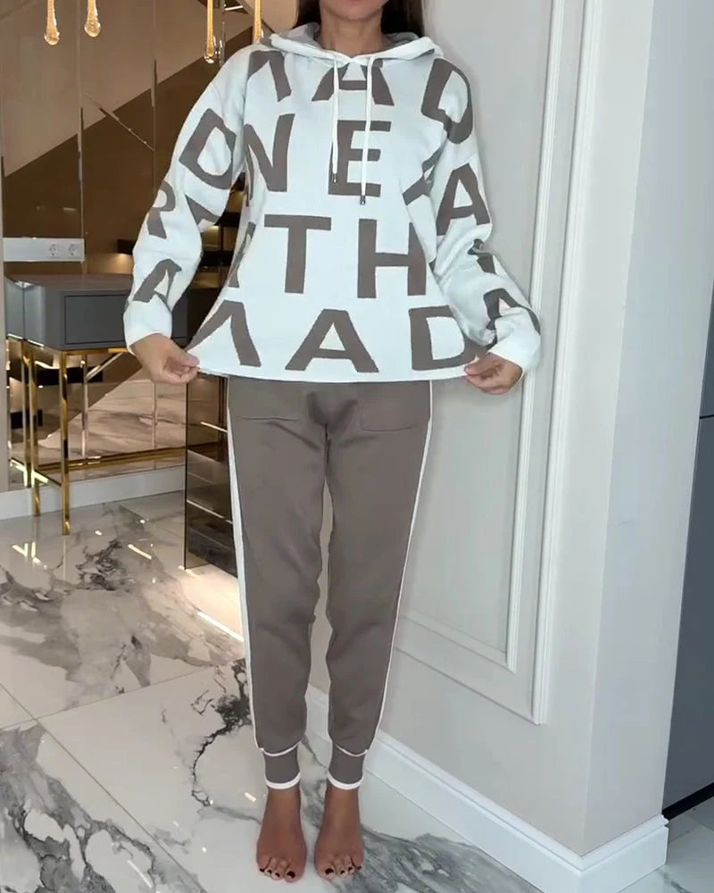 Women's Letter Print Hooded Two-Piece Set