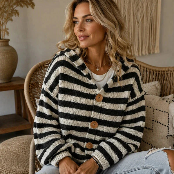 Women's Striped Hooded Button-Front Cardigan