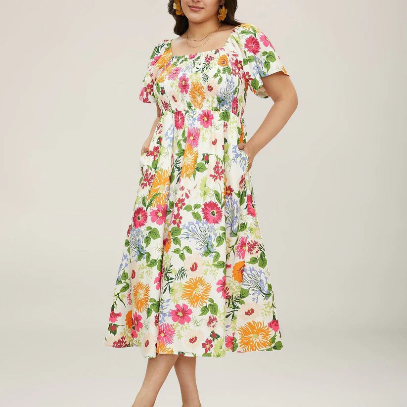 Women's Floral Smocked Square Neck Midi Dress with Pockets