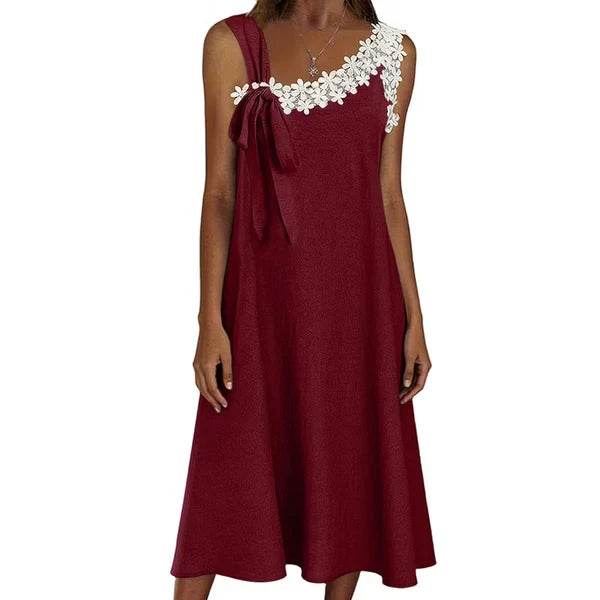 Women’s Floral Lace Trim Bow-Shoulder Dress