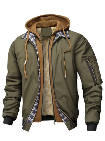 Men's Hooded Plaid Trim Jacket