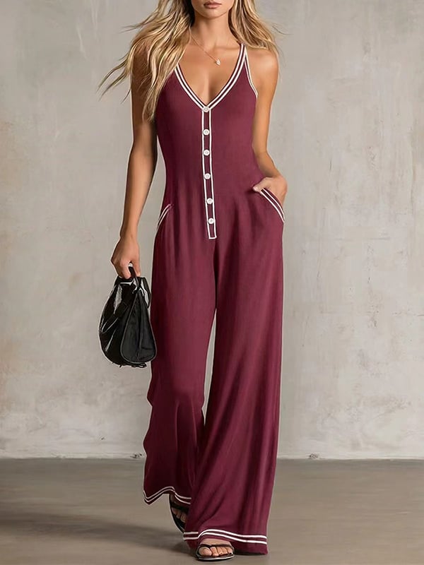 Women's Contrast-Trim Button-Front Jumpsuit