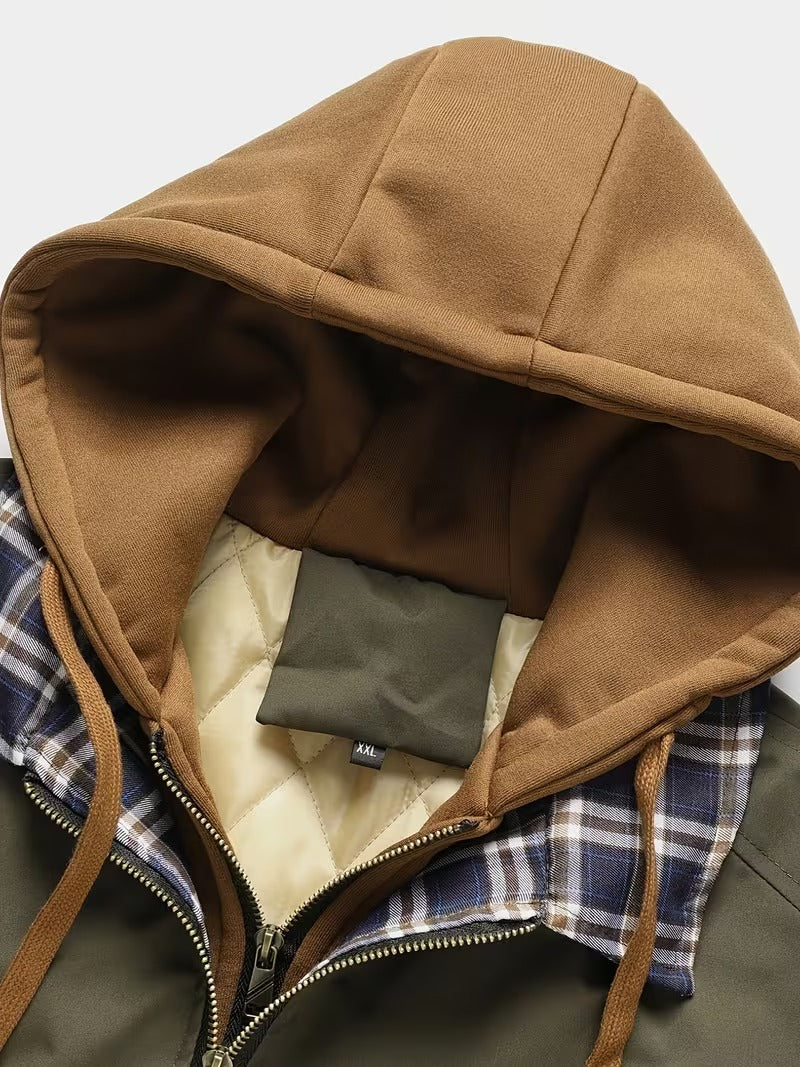 Men's Hooded Plaid Trim Jacket