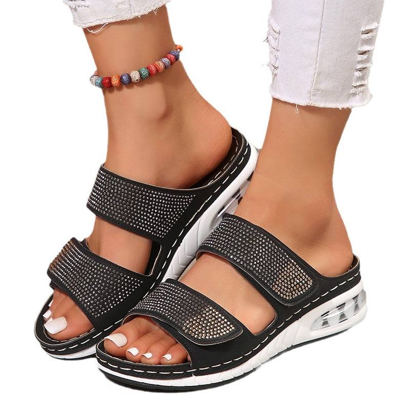 Women's Rhinestone Double Strap Wedge Sandals