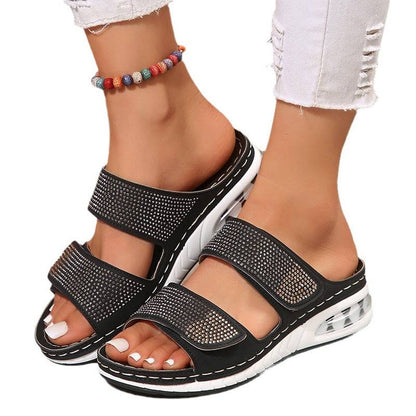 Women's Rhinestone Double Strap Wedge Sandals