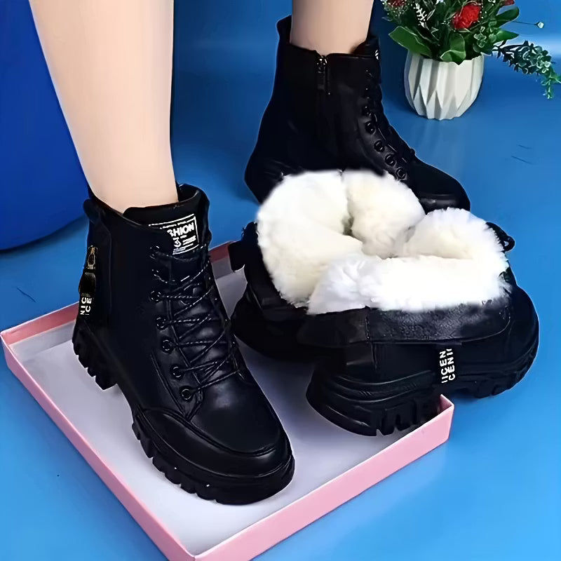 Women's Lace-Up Ankle Boots with Fuzzy Lining