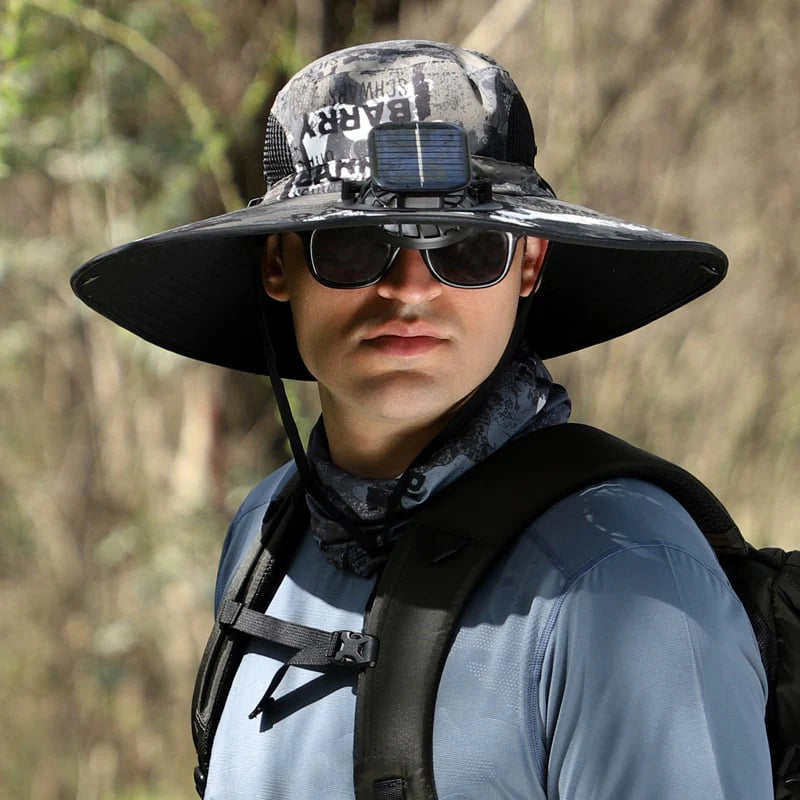 Unisex Wide Brim Outdoor Sun Hat with Solar Fan