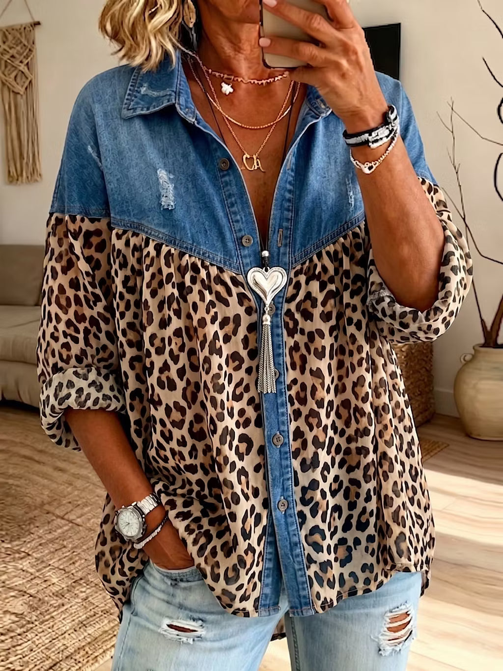 Women's Denim and Animal Print Button Down Shirt