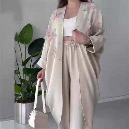Women's Embroidered Kimono & Wide-Leg Pants Set