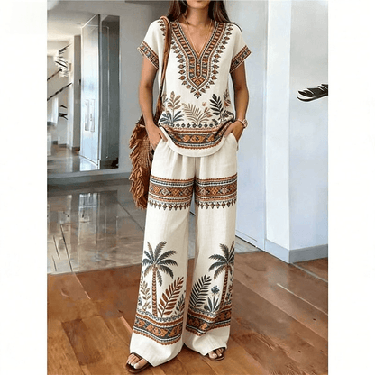 Women's Printed V-Neck Two-Piece Lounge Set