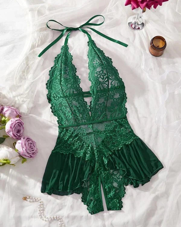 Women’s Floral Lace Halterneck Teddy Bodysuit