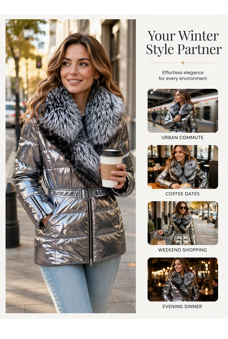 Women's Belted Jacket with Faux Fur Collar