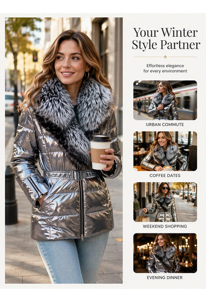Women's Belted Jacket with Faux Fur Collar